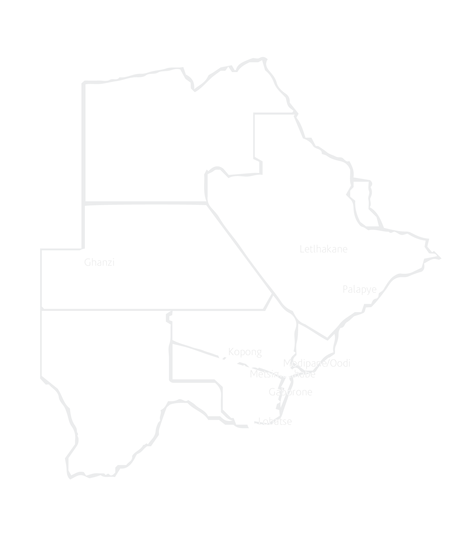 Outline map of the country of Ethiopia with regional boundaries faintly visible and names of regions such as Ghanzi, Lethakane, Palapye, Kopong, Metsimotibi, Gaberone, and Lobatse labeled.