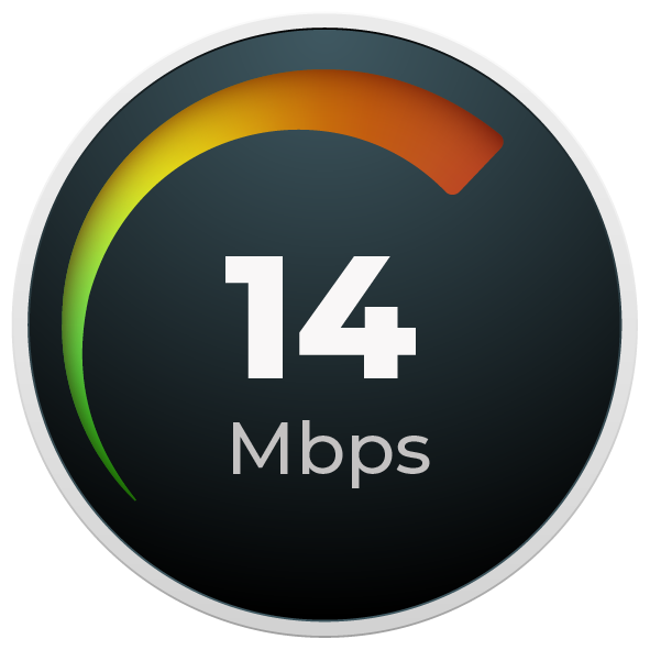 Internet speed test result showing 14 Mbps download speed with a gauge indicator in yellow and red.