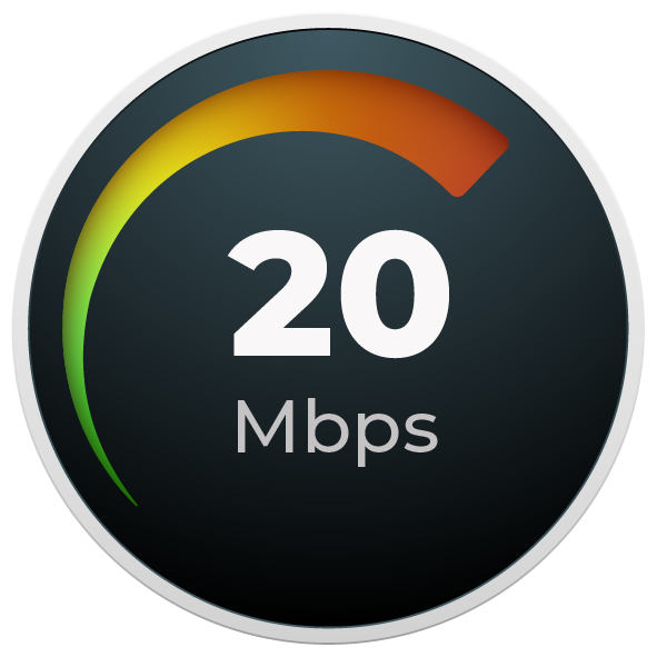 Internet speed test showing 20 Mbps in a circular gauge with a green to red scale.