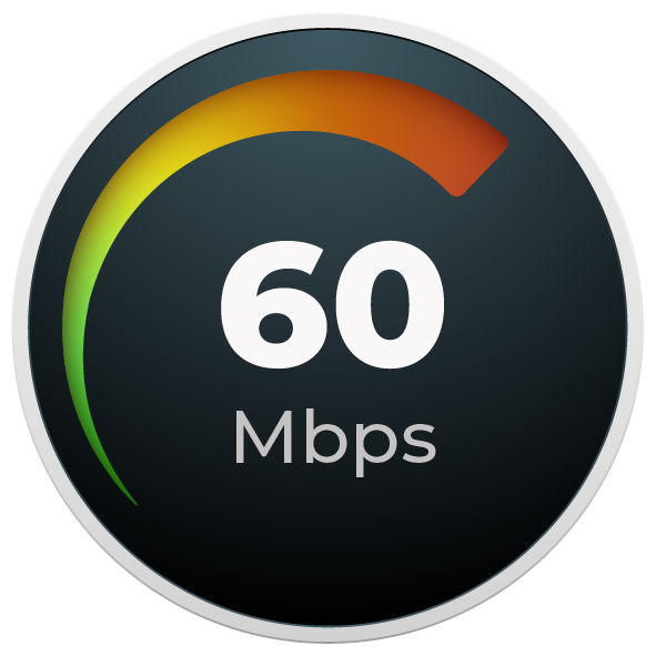 Internet speed test measuring 60 Mbps with a green-yellow-orange indicator on a dark background.