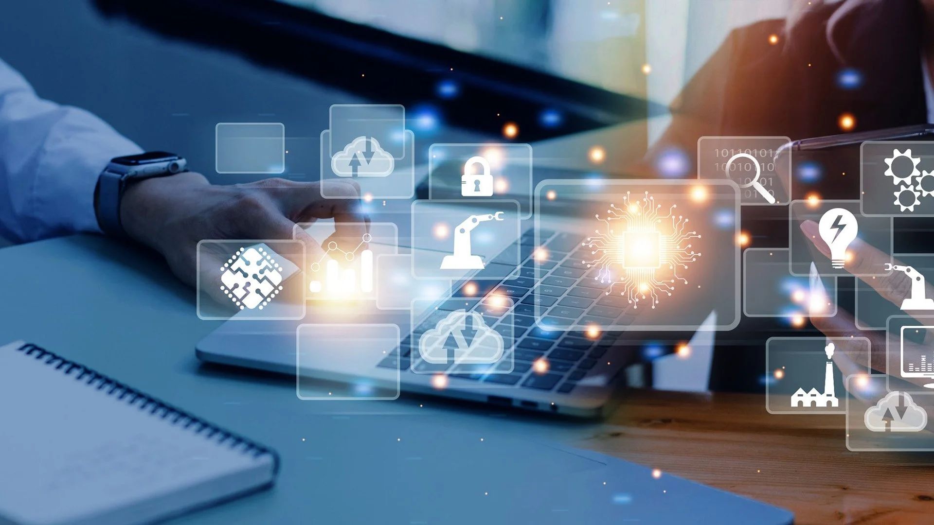 Person using a laptop with digital icons representing technology, cloud computing, data security, and automation overlaid.