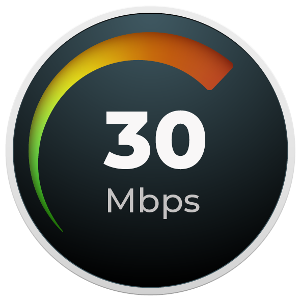 Digital internet speed test showing 30 Mbps download speed.