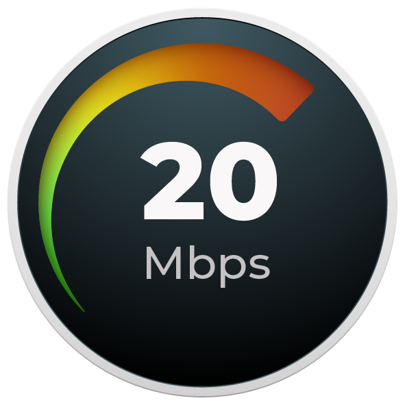 Speed test app displaying 20 Mbps internet download speed.
