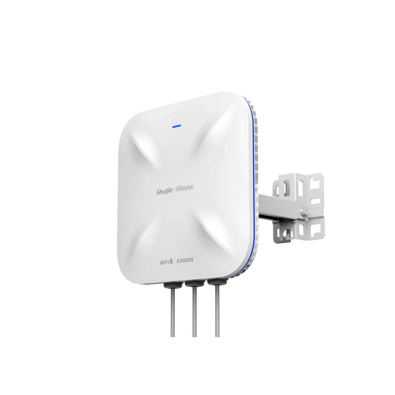 White outdoor Wi-Fi 6 router with two antennas and metal mounting bracket