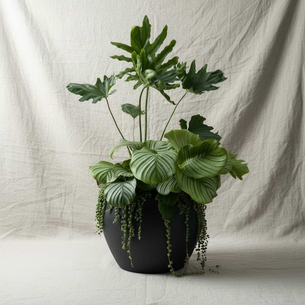 A potted houseplant with large green leaves, including striped and jagged types, placed against a beige fabric background.