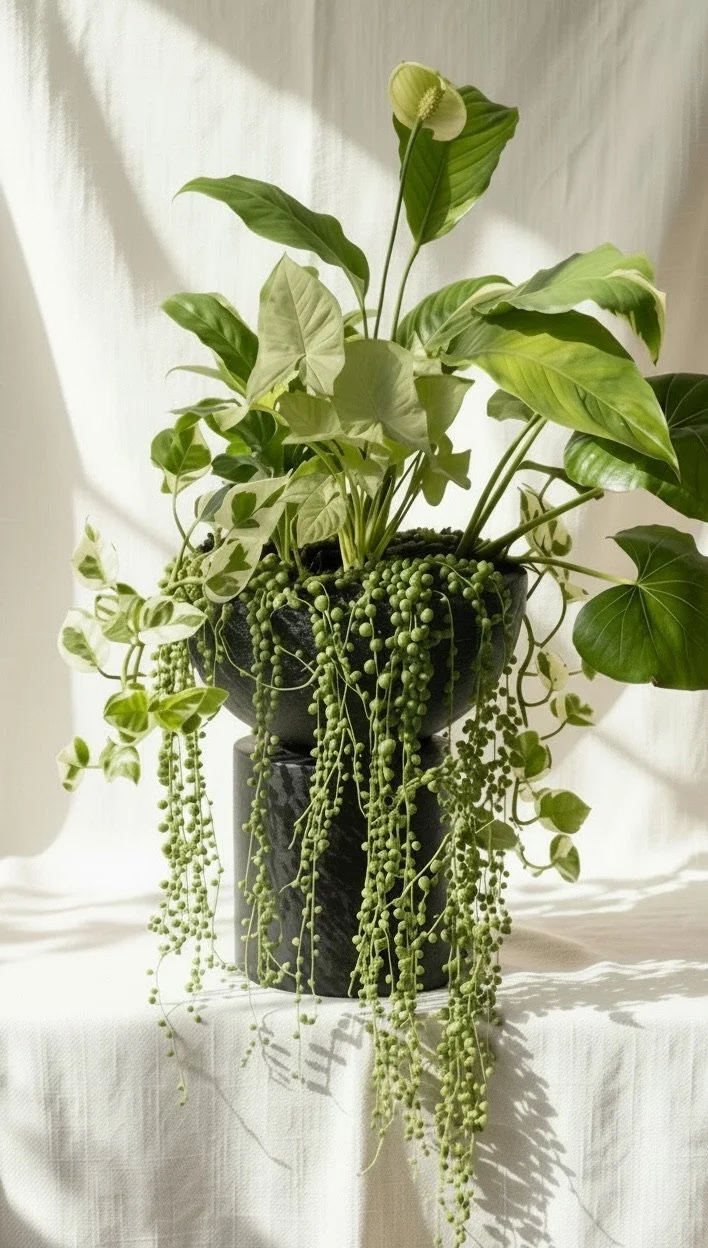 Domino indoor plant arrangement in a black ceramic pot by Pretty Dirty