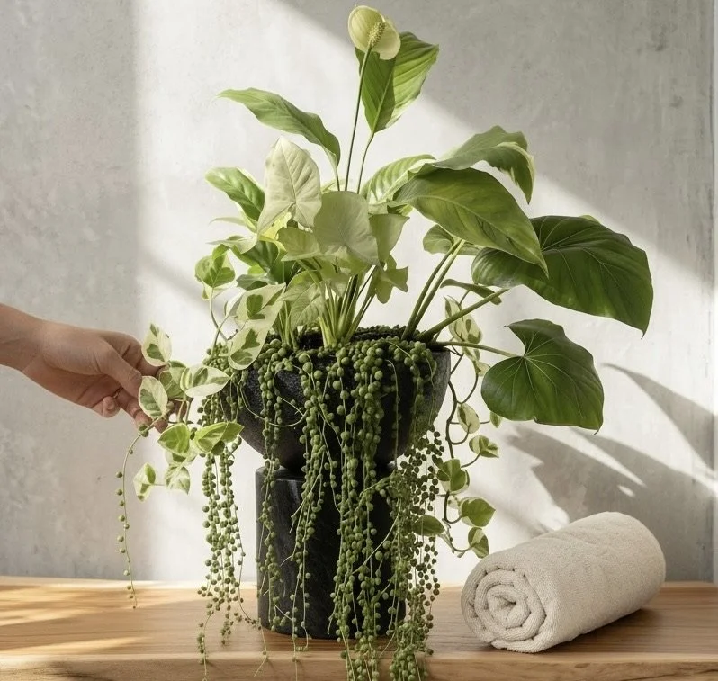 A potted plant with large green leaves and cascading vines, held by a person's hand, placed on a wooden surface with a rolled towel nearby, in front of a light-colored wall.