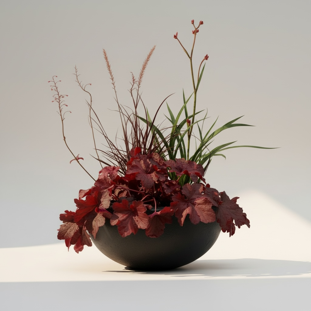 A black bowl containing various plants with red and green leaves and tall thin stems, set against a light background.