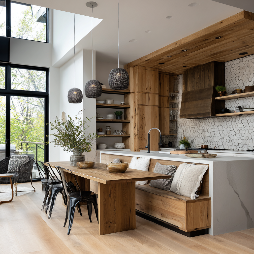 Modern kitchen with wood accents, a dining table with chairs, open shelving, pendant lights, and large windows letting in natural light.