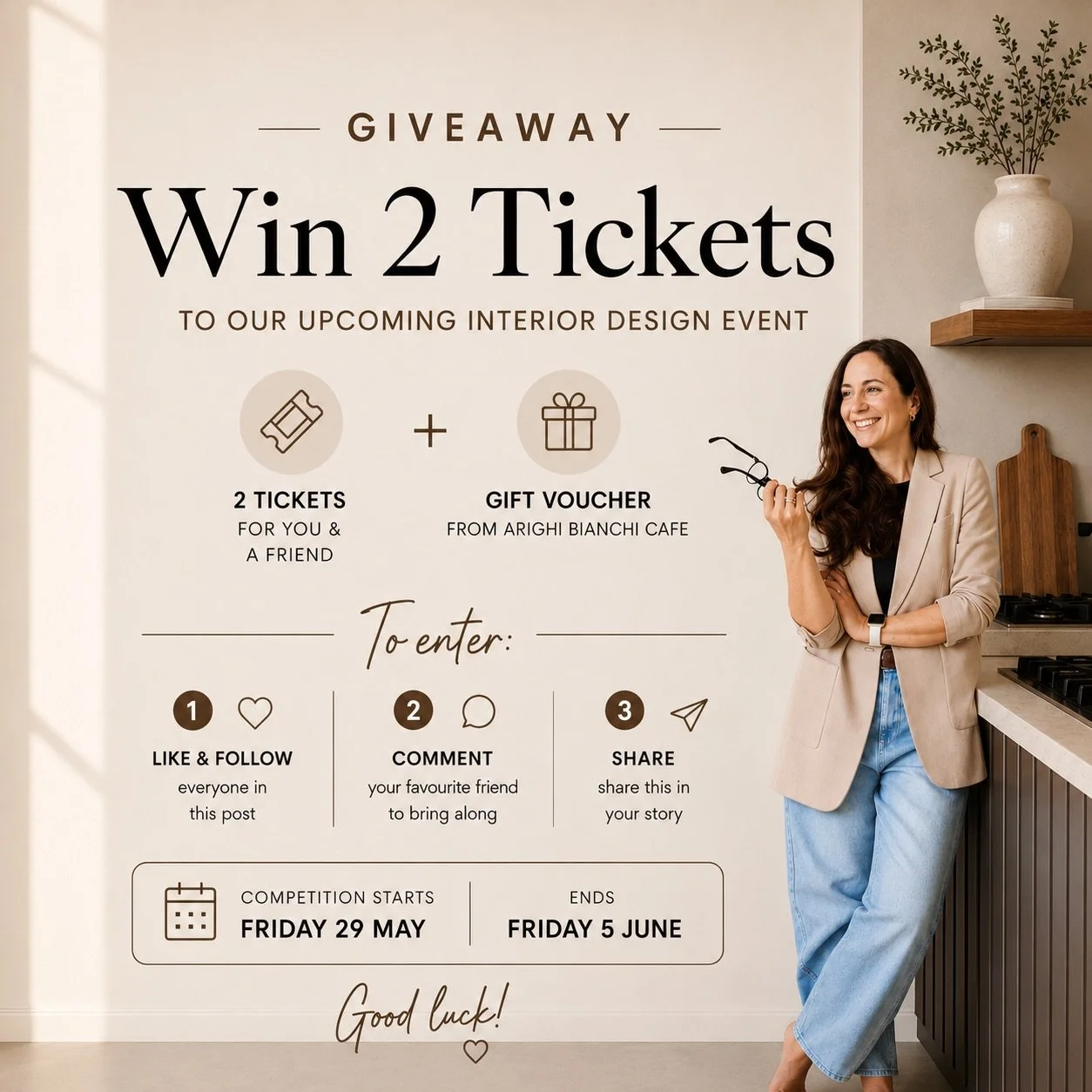GIVEAWAY TIME ✨

To celebrate our upcoming Interior Design Masterclass we&rsquo;re giving away:

&bull; 2 tickets to the event
&bull; A gift voucher for the Arighi Bianchi Caf&eacute; for you and a friend 

The event will be inspiring afternoon of in