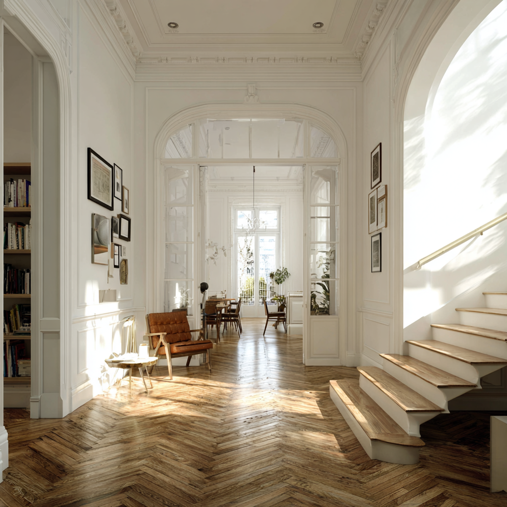 Bright and airy hallway with white walls and ornate crown molding, leading to a sunlit room with large windows. There is a wooden staircase with curved steps on the right and a small seating area with a leather chair and a side table on the left. The