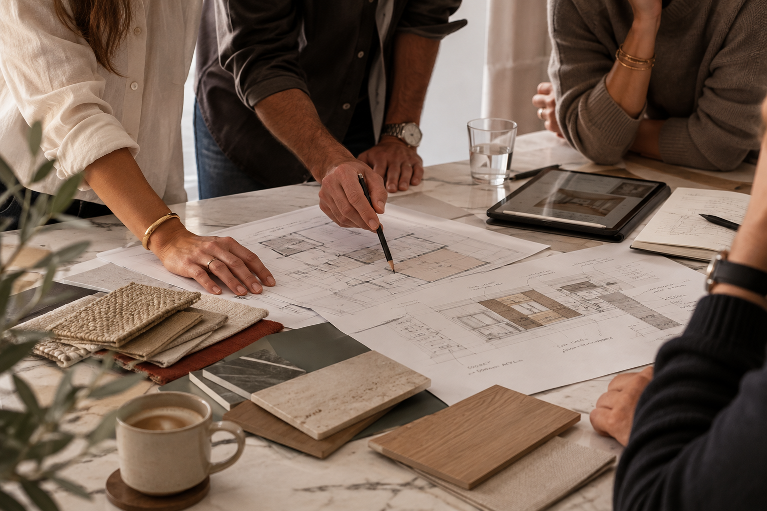 Interior design site meeting with a professional team reviewing architectural drawings, material samples and finishes around a table.