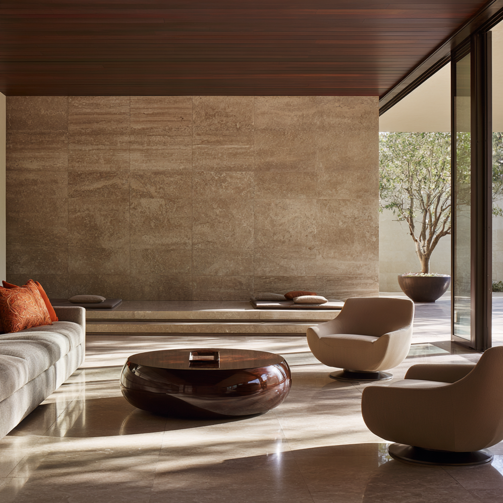Contemporary living room featuring textured natural stone walls, a dark timber ceiling, polished stone flooring and sculptural furniture in warm neutral tones.