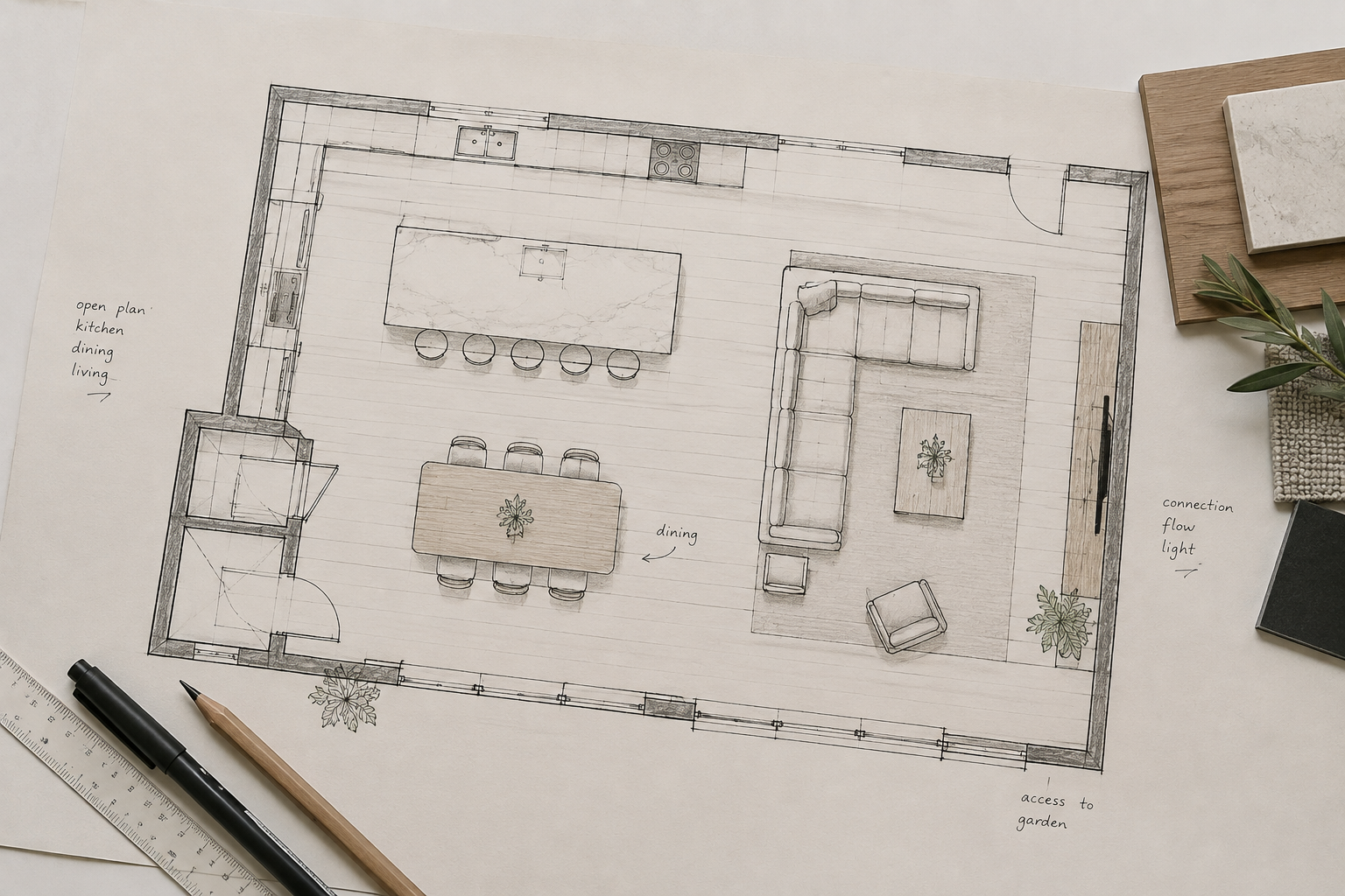 Hand drawn furniture plan for an open plan kitchen, dining and living space, showing the kitchen island, dining table and seating layout alongside material samples and drawing tools.