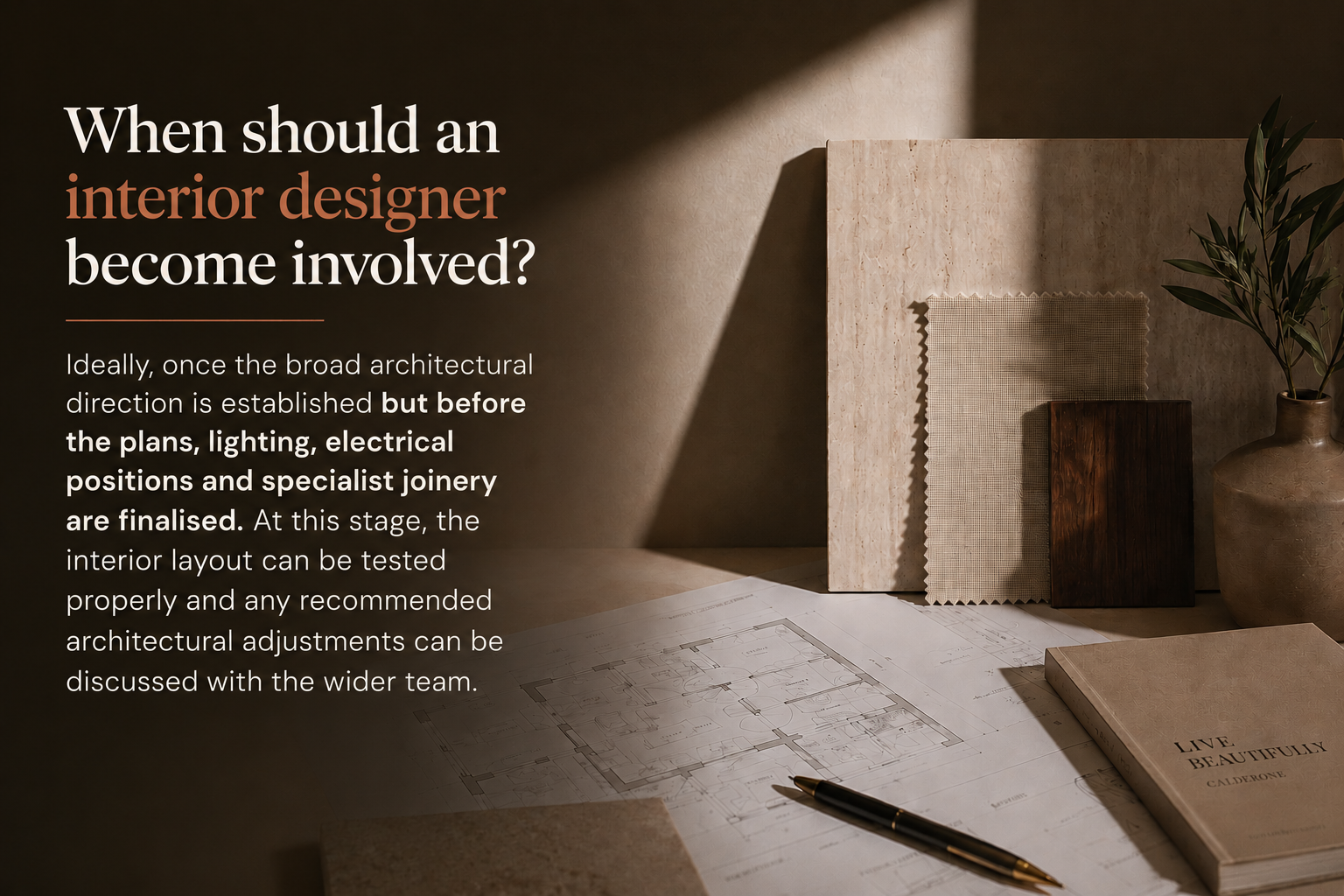 Interior elevation drawing showing bespoke joinery, integrated shelving, wall lights, electrical socket positions and lighting notes, surrounded by material samples.
