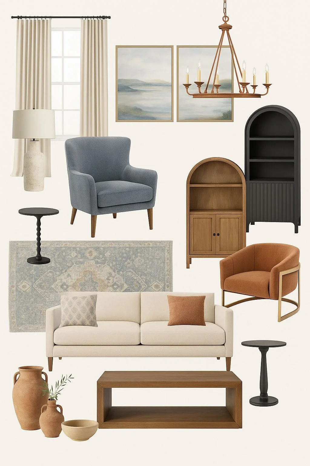 Collage of living room furniture including a white sofa with two pillows, a beige rug, a beige and black side table, a blue armchair, a black and a brown small cabinet, an orange armchair, a wooden coffee table, pottery, and curtains with paintings and a chandelier in the background.