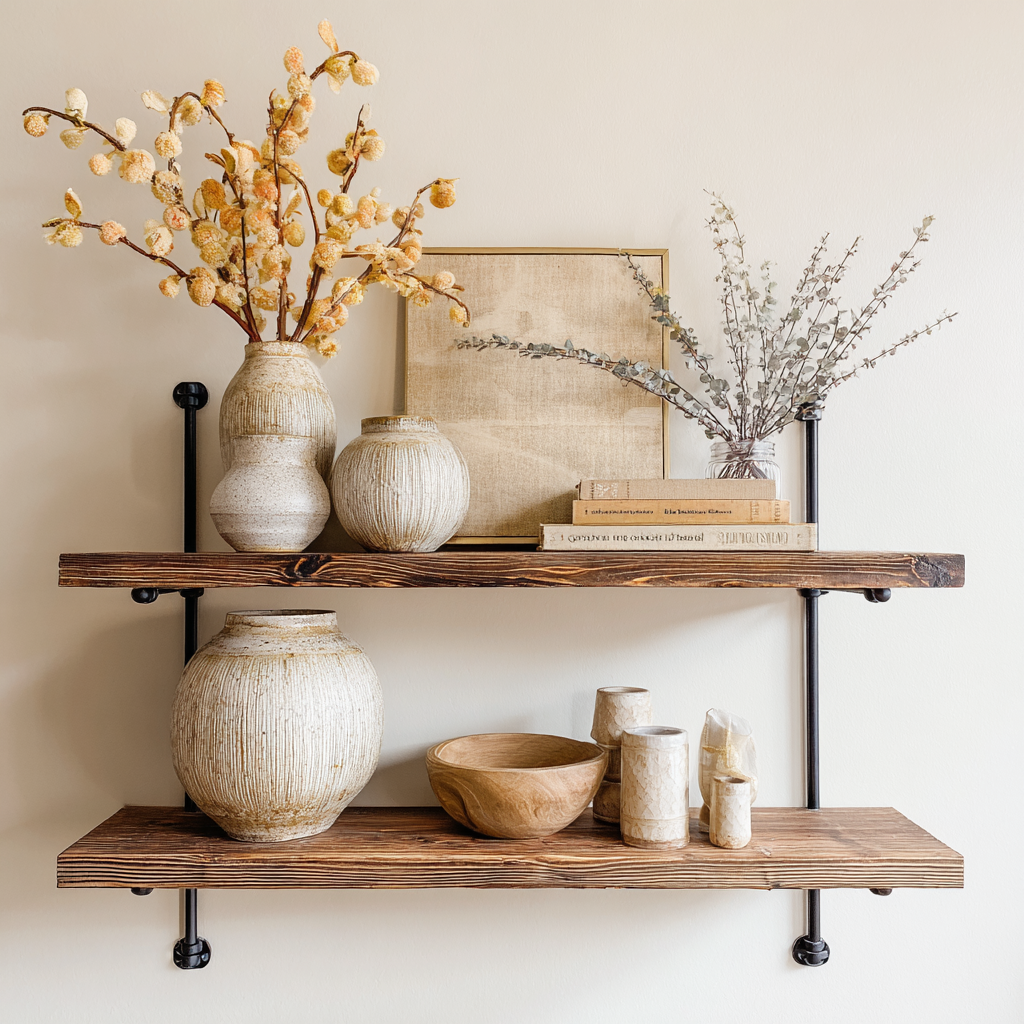 Open wooden shelving styled with ceramic vases, books, artwork and natural textures in warm neutral tones.