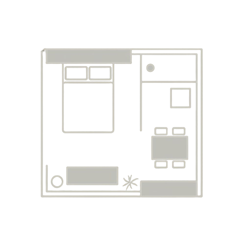A line drawing of a birds eye view of a room plan