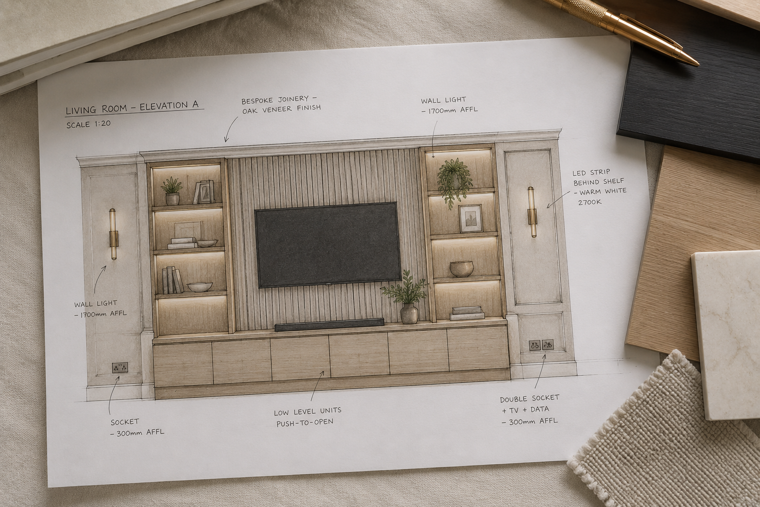 Interior elevation drawing showing bespoke joinery, integrated shelving, wall lights, electrical socket positions and lighting notes, surrounded by material samples.