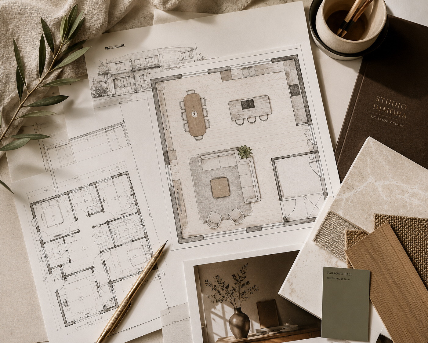 Overhead view of architectural drawings and a furniture plan layered with stone, wood and fabric samples, alongside a brass pencil and olive branch, creating an elegant interior design workspace.