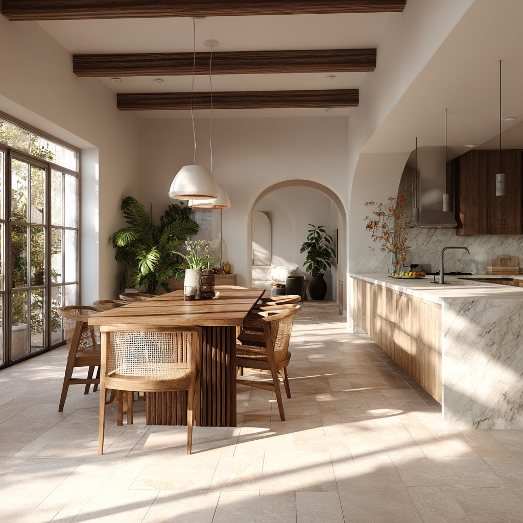 Open plan kitchen renovation featuring bespoke joinery, marble worktops, timber beams and warm neutral interiors designed for modern family living.