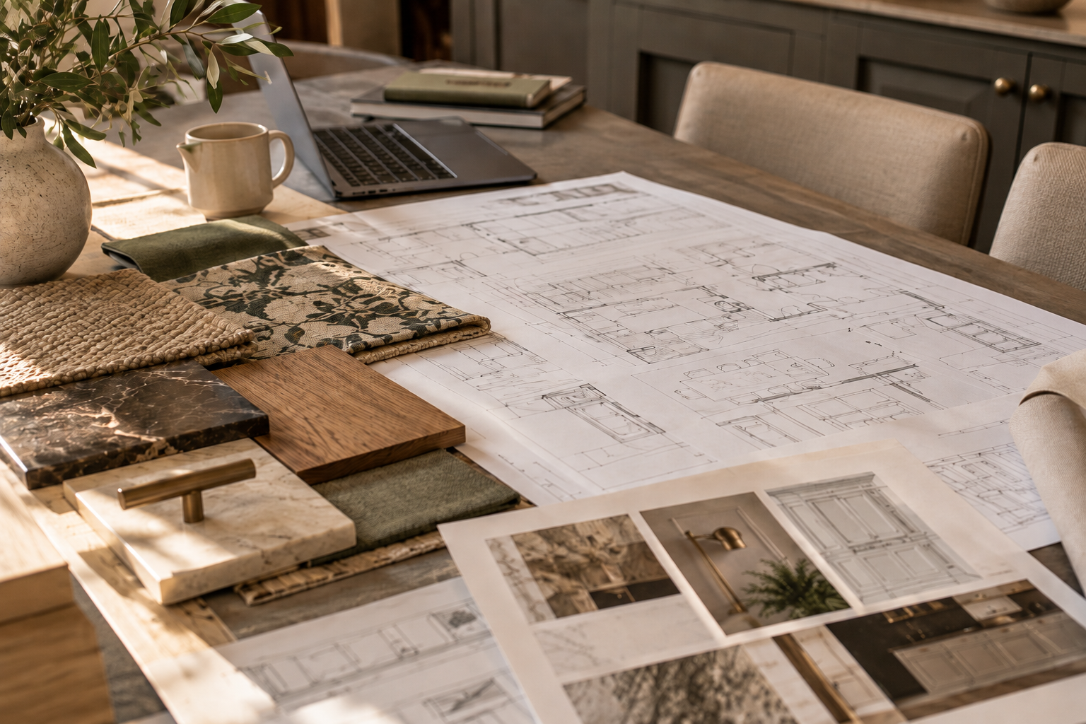 Interior design plans, material samples, fabric swatches, timber and stone finishes arranged across a studio table during the early planning stage of a project.