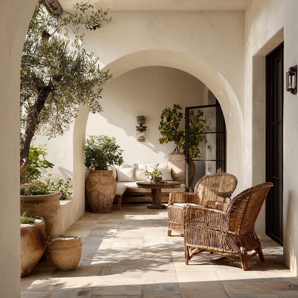 Sunny Mediterranean-style patio with potted plants, wicker chairs, a wooden bench, and an archway with white stucco walls.