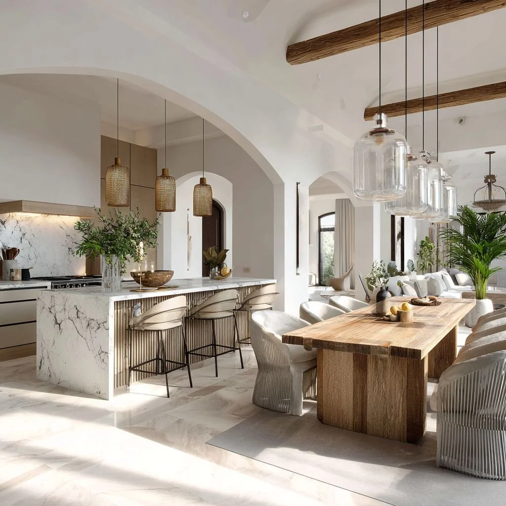 Bright open-concept kitchen and dining area with white marble countertops, wooden accents, hanging pendant lights, and lush green plants.