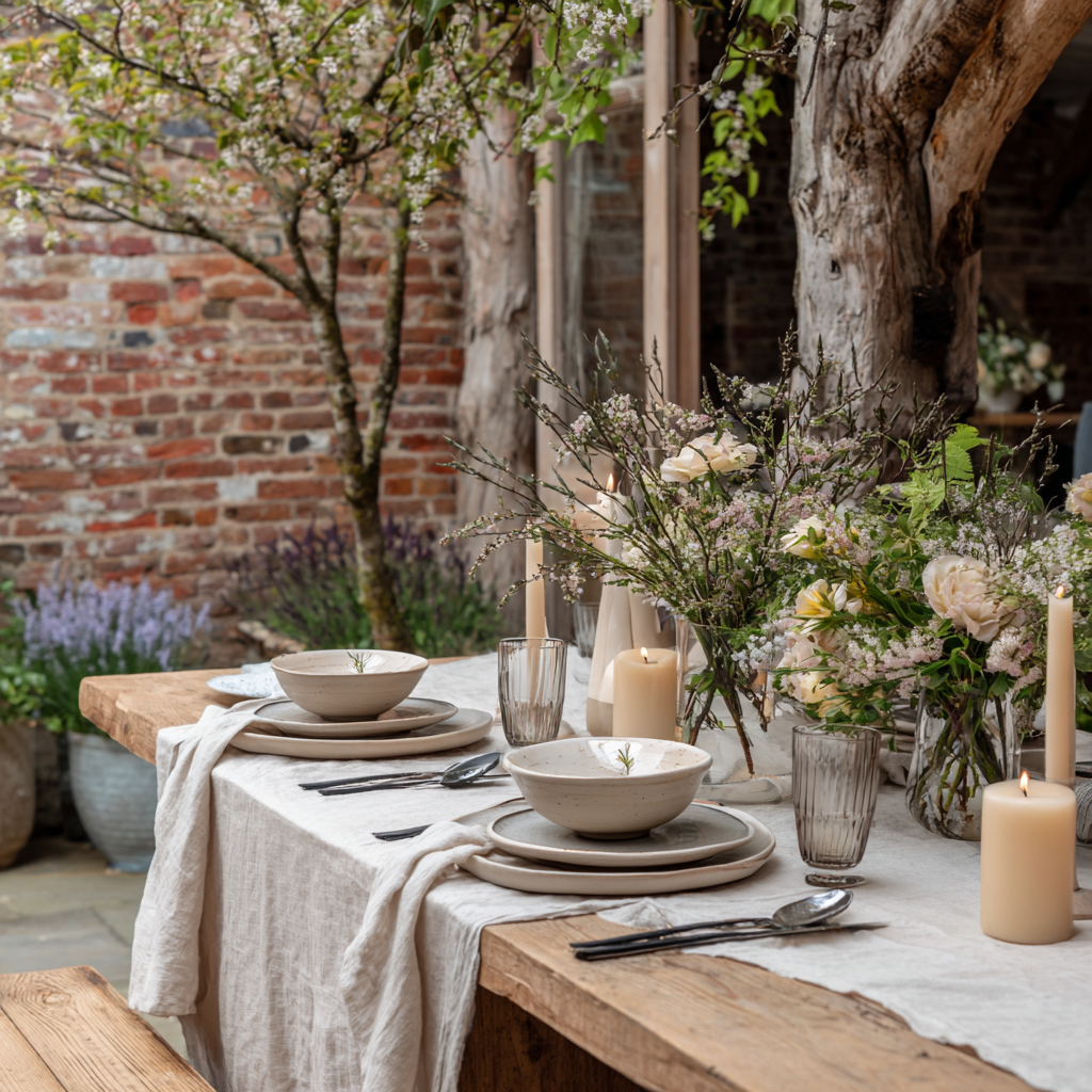 Modern organic outdoor dining tablescape styled for elegant summer entertaining, featuring natural linen, handcrafted ceramics, candlelight and abundant seasonal florals against a warm exposed brick backdrop.