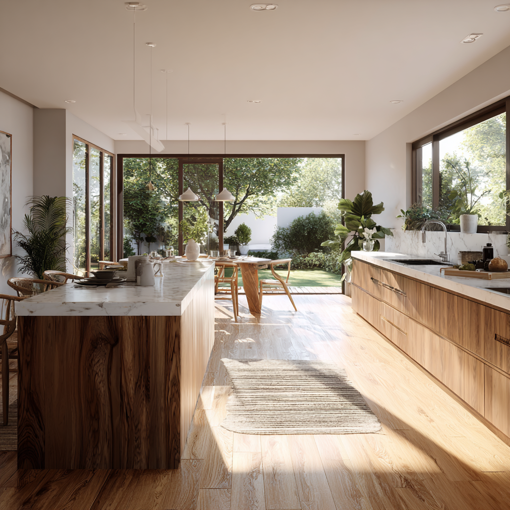 Warm contemporary kitchen with marble worktops, natural wood cabinetry and large sliding doors opening onto a landscaped garden, creating a seamless indoor outdoor living space designed for relaxed summer entertaining.