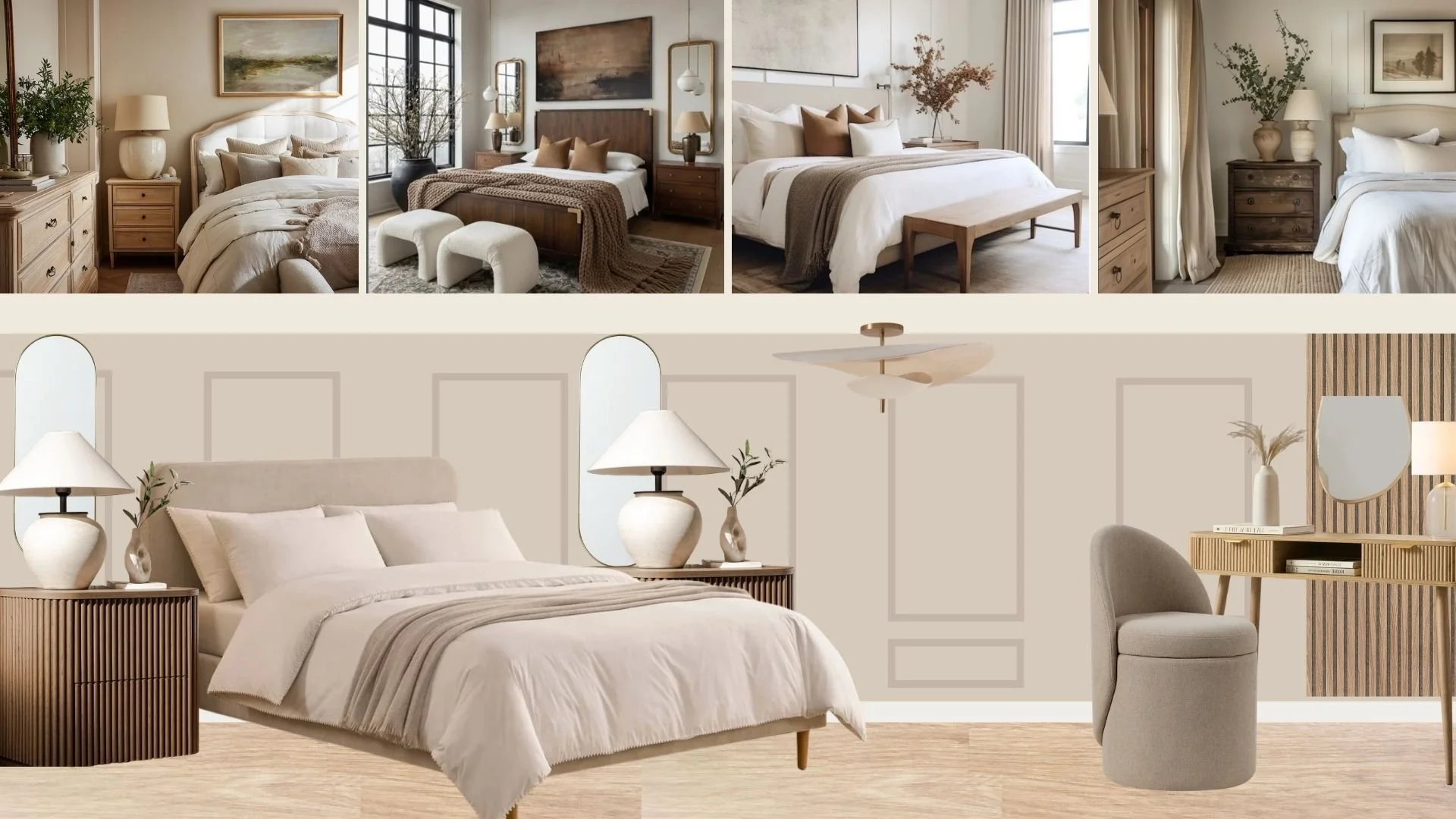Bedroom interior design concept board showing inspiration images, furniture selections and a cohesive design scheme for a luxury home renovation project.