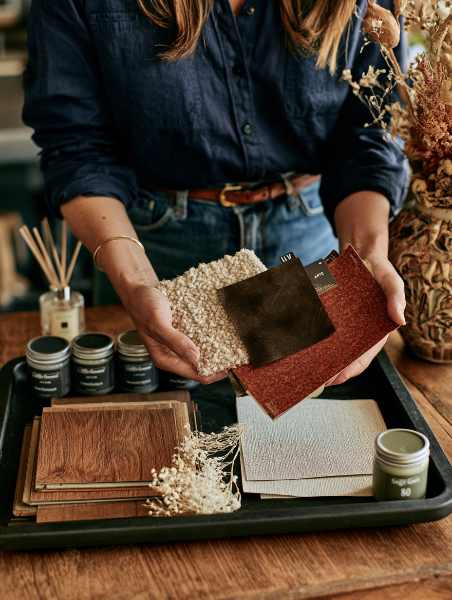 Interior designer reviewing a selection of fabric, carpet, timber and finish samples during the early planning stage of a project.