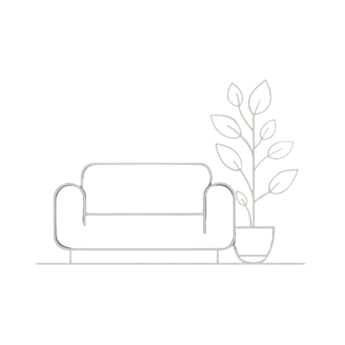 A line drawing of a plant next to a sofa