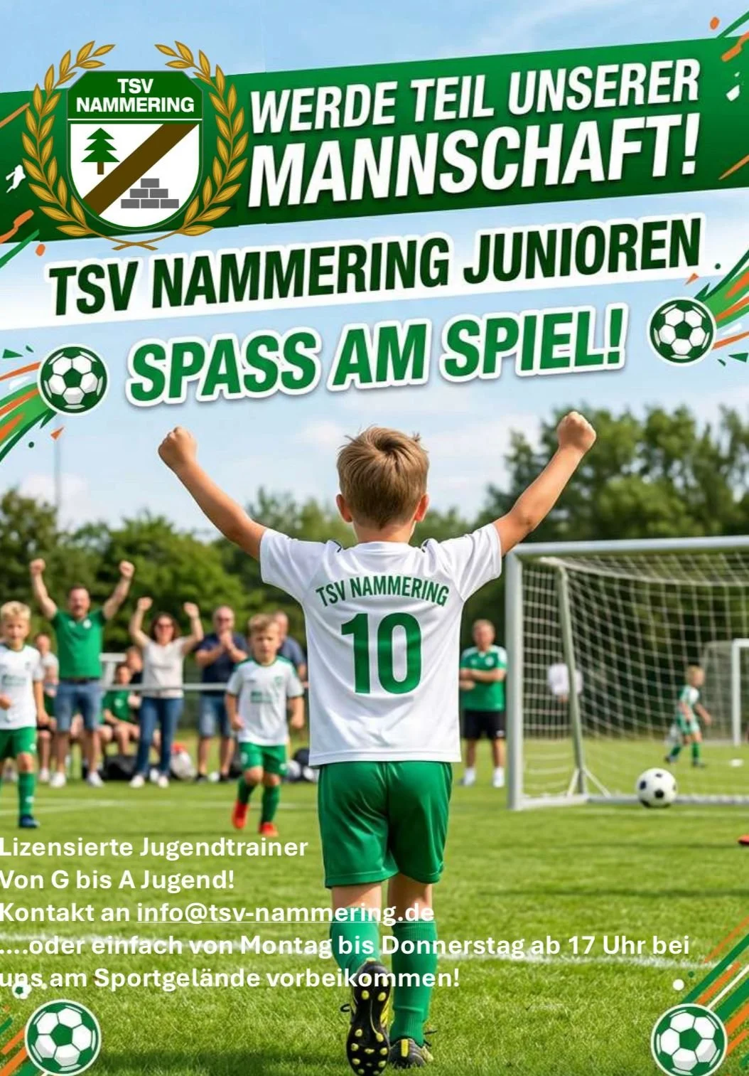 Plakat eines Jugendfußballtrainings beim TSV Nammering, mit einem Jungen in Fußballtrikot, der auf den Platz läuft, und weiteren Kindern sowie Erwachsenen im Hintergrund, auf einem Fußballfeld.