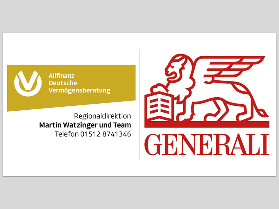 Visitenkarte mit links einem goldenen Bereich mit weißem Logo und Text, rechts ein rotes Lion-Logo und der Schriftzug 'GENERALI', in der Mitte schwarze Kontaktinformationen.