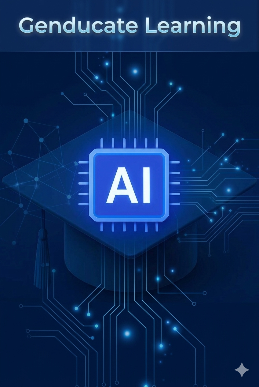 Illustration of AI and machine learning concepts with circuit lines and nodes, and text that says "Geducate Learning" at the top.