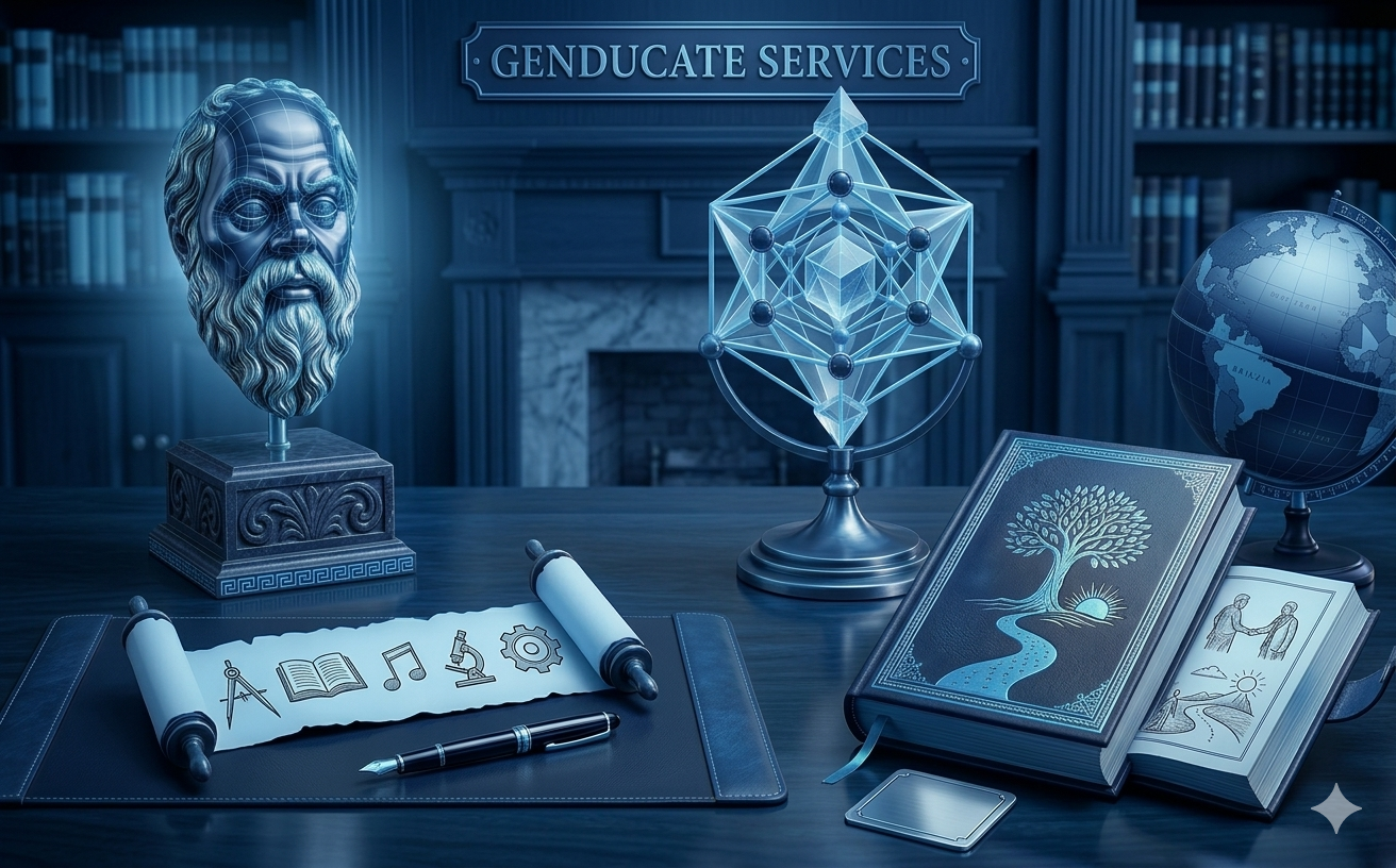 A desk with scientific and educational objects, including a bust of an ancient philosopher, a geometric model, a globe, books with nature illustrations, a scroll with symbols, and writing tools, in a room labeled 'Genducate Services.'