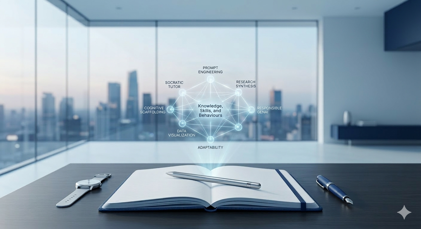 A modern office with large windows revealing a city skyline. On the desk, there is an open notebook with a pen, a watch, and a pen. Above the notebook, there is a digital diagram illustrating connections related to knowledge, skills, and behaviors such as prompt engineering, research synthesis, responsible governance, adaptability, data visualization, cognitive scaffolding, socratic tutor, and others.