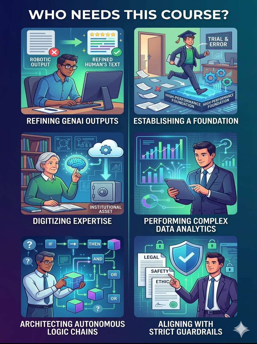 A modern, 6-panel infographic illustrating the key professionals who benefit from advanced Generative AI training. The visual uses a clean, corporate art style with vibrant blue and green accents.