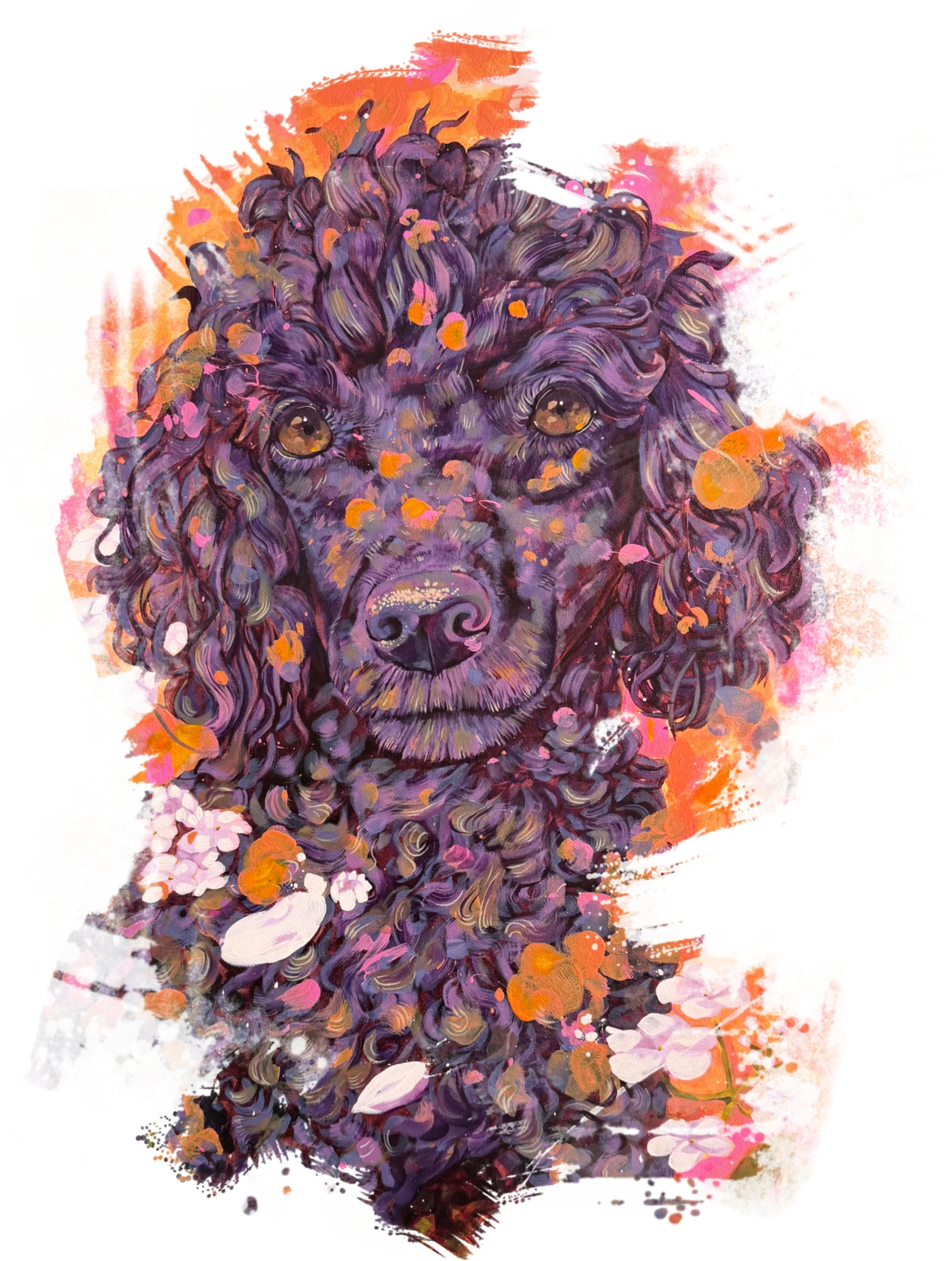 Painting of a poodle dog with purple curly fur, surrounded by pink, orange, and peach flowers and abstract splashes of color.