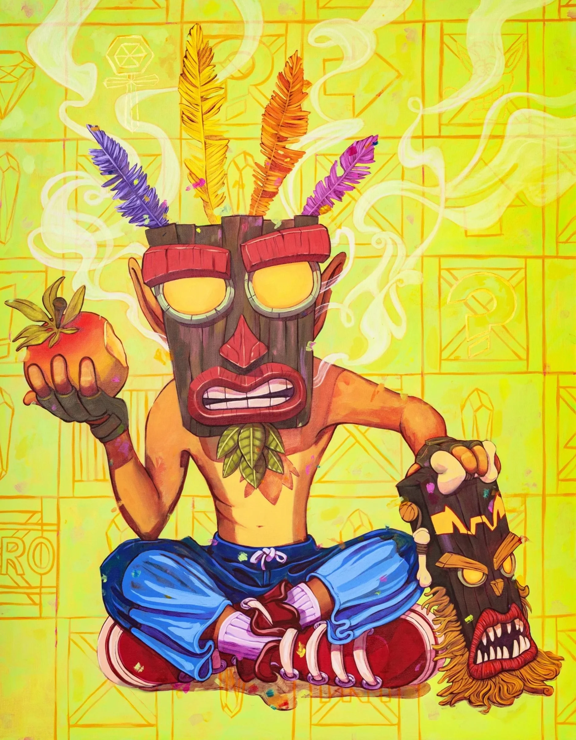 Colorful graffiti art depicting a cartoon character with a wooden mask, feathers on its head, holding an apple in one hand and a masked face in the other, set against a bright yellow background.
