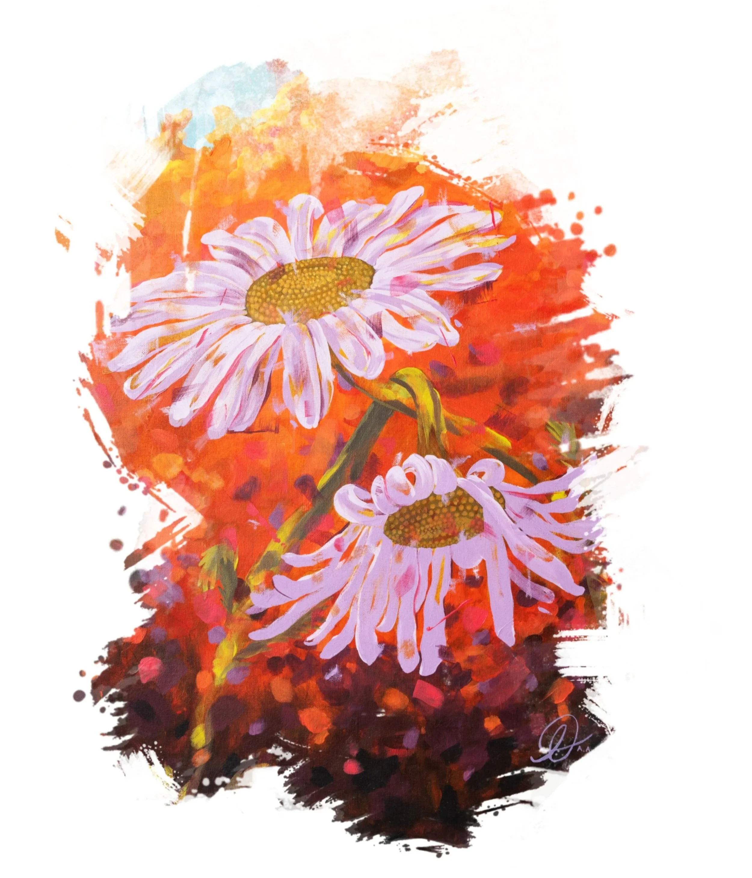 Digital painting of two daisies with pink petals and brown centers against an abstract vibrant orange and red background.