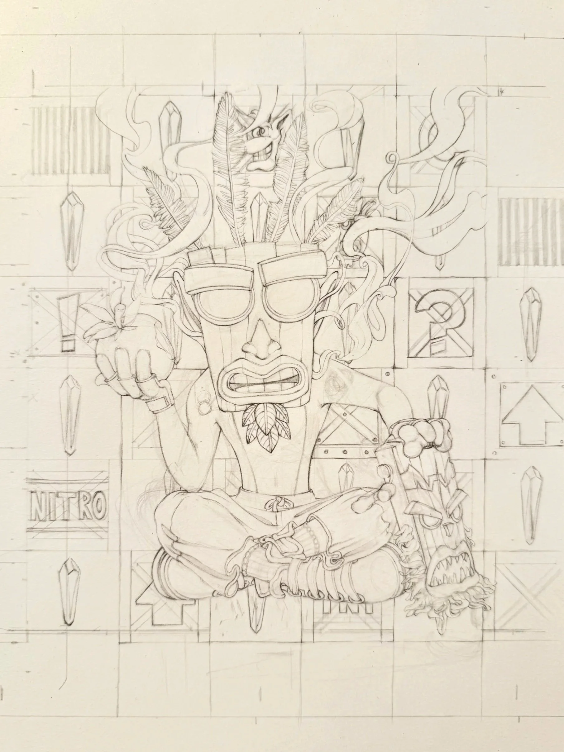 Pencil sketch of a tribal character with sunglasses, sitting cross-legged, with smoke or clouds rising from his head and holding a mask or face in his hand, surrounded by various geometric designs and symbols.