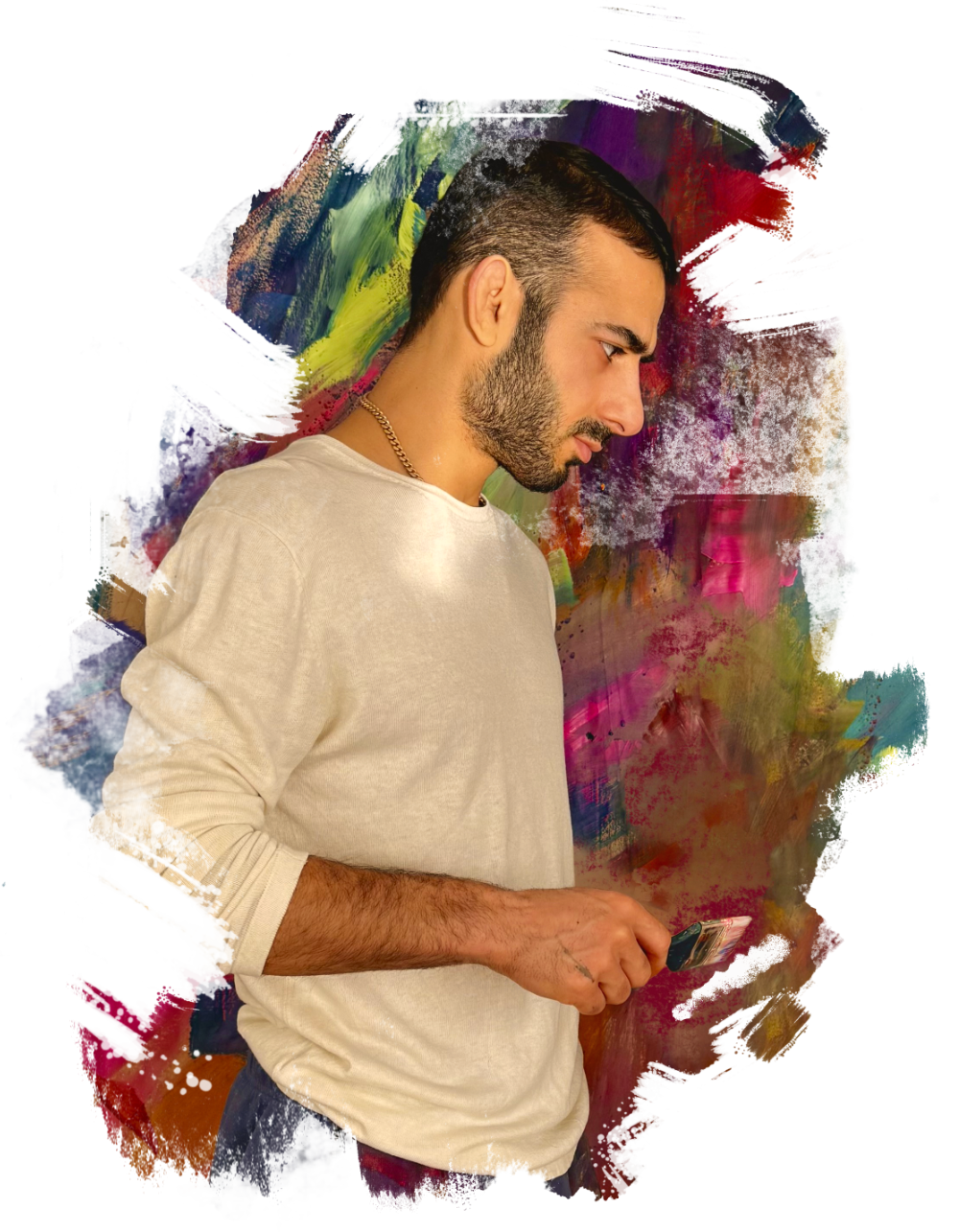 A man with a beard and short hair looking at his phone against a colorful abstract background.