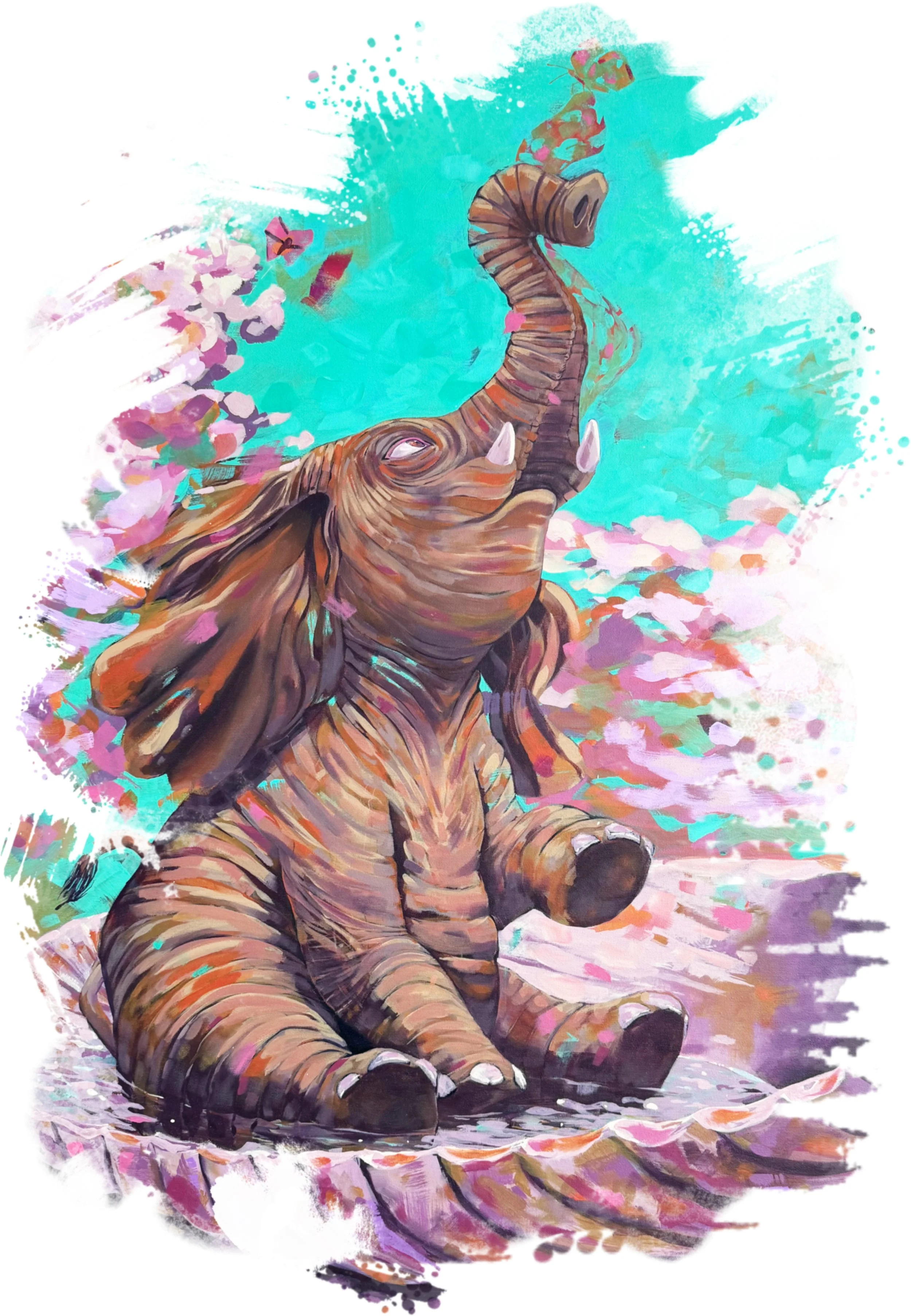 A colorful painting of a baby elephant with its trunk raised, sitting on a pink and purple patterned surface, with a vibrant sky background featuring colorful clouds and splashes of paint.