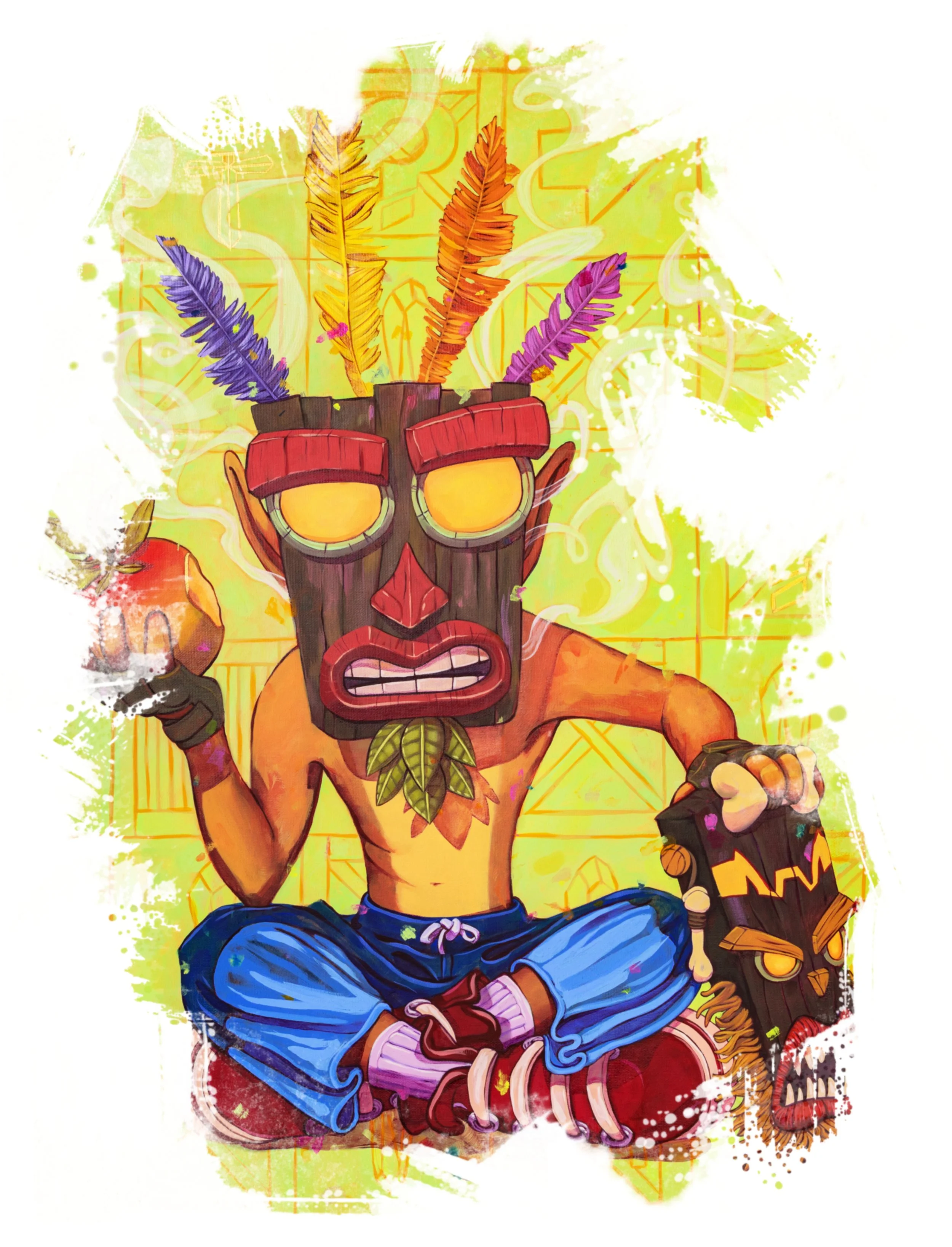 Colorful digital artwork of a tribal-style figure with a wood mask, yellow eyes, feathers on the head, sitting cross-legged, holding a red apple in one hand and a smaller tribal mask in the other, with a vibrant yellow-green background.