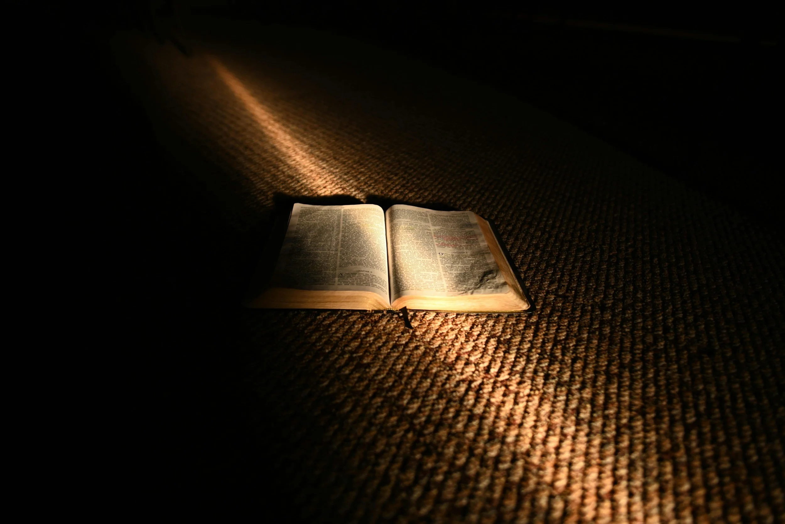 An open book lying on a carpeted floor, illuminated by a beam of sunlight in a dark room.