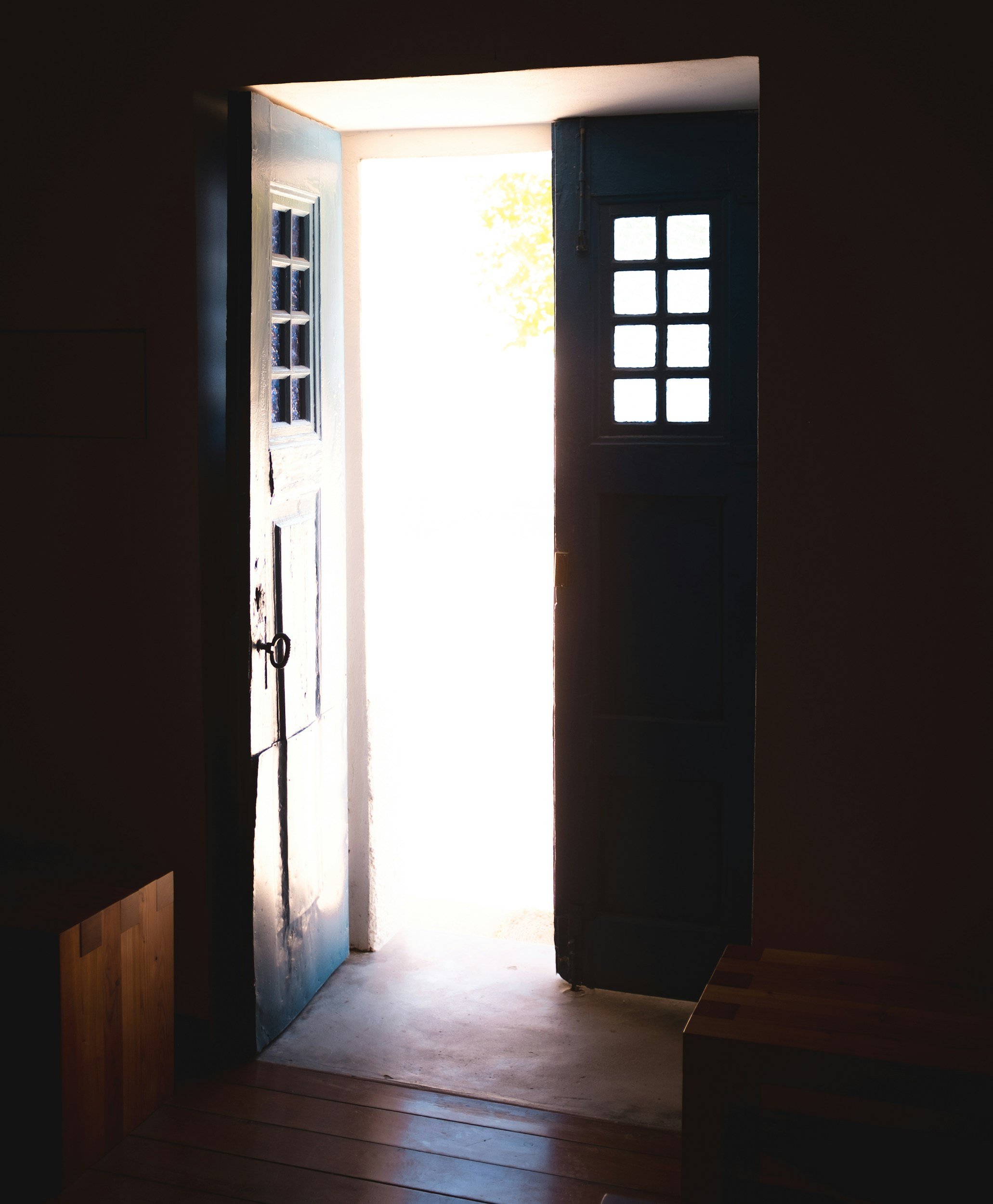 Open blue wooden door leading outside, sunlight shining through, with a glimpse of green foliage outside.