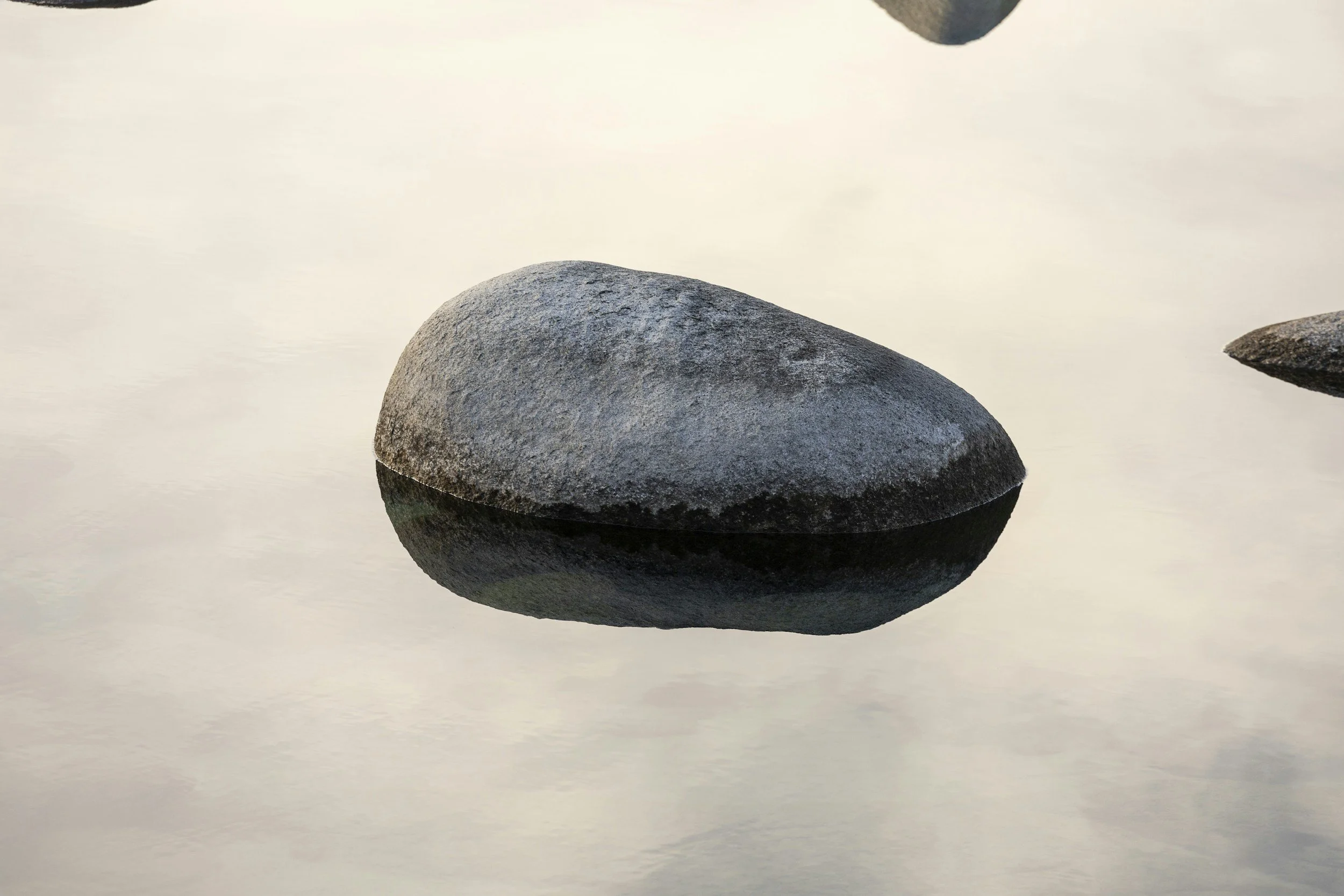 A large, smooth gray rock partially submerged in calm water, with its reflection visible on the surface.