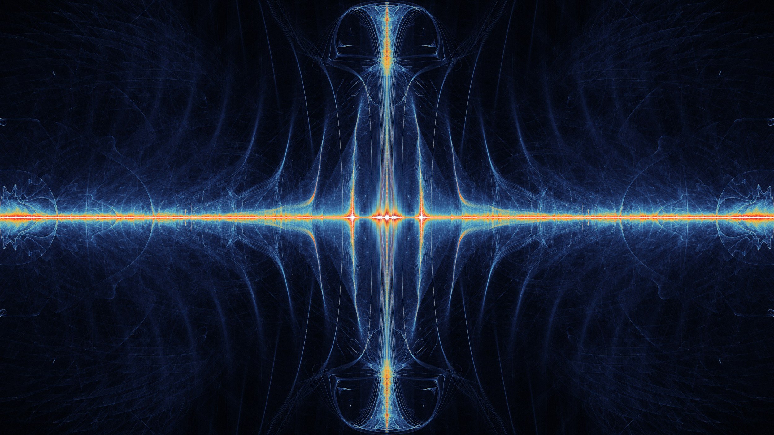 Digital abstract artwork of colorful neon light waves symmetrical on a black background.